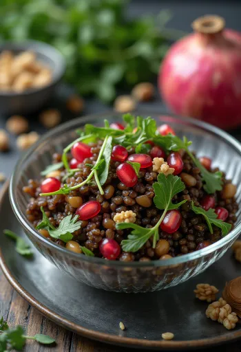 Linsubaunasalat með granateplum borið fram