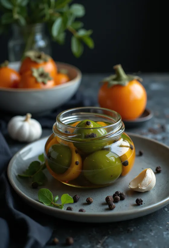 Syltuð kakí-lauf borin fram