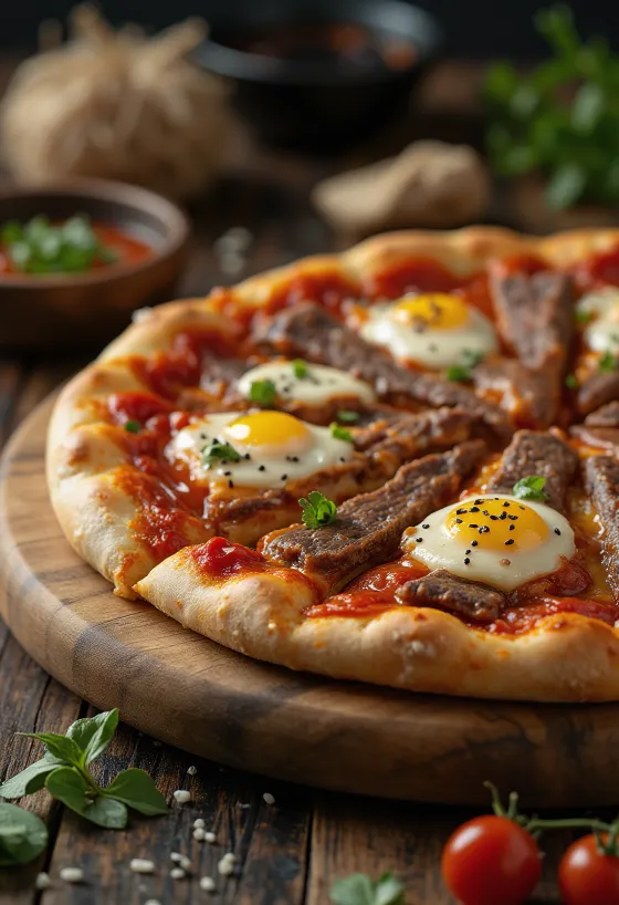 Bulgogi nautakjöts pizza borin fram