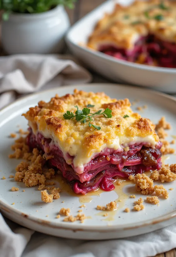 Vegan eggaldin-moussaka með rauðrófum