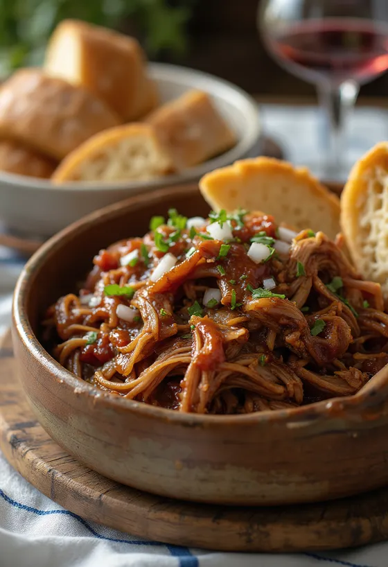 BBQ pulled pork borið fram í fersku brauði með súrkáli