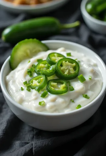 Jalapeño-, dill- og hvítlaukssósa í skál