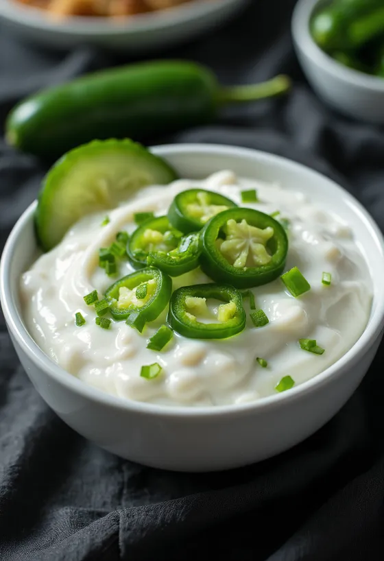 Jalapeño-, dill- og hvítlaukssósa í skál