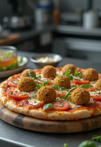 Falafel pizza með steiktum kjúklingabaunabollum og tahini sósu