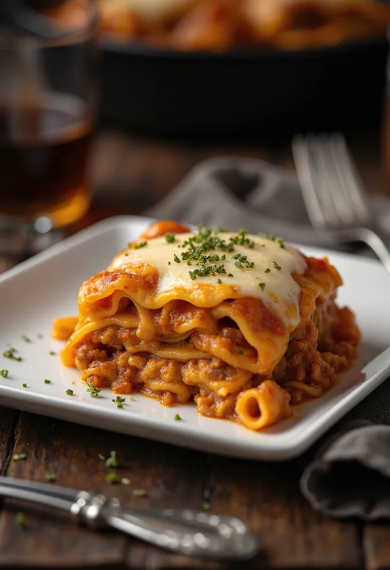 Lasagne Bolognese borið fram á diski