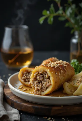 Haggis borið fram með soðnum kartöflum og rófu