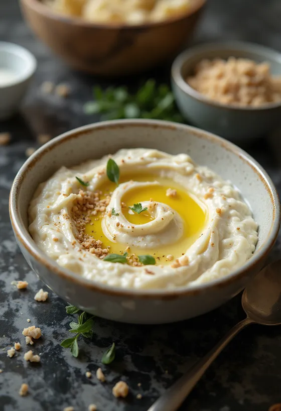 Eggaldinkrem með tahini-sósu borið fram