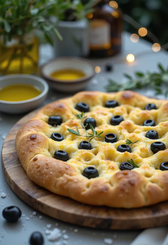 Rósmarín- og svartólífu focaccia borið fram á borð