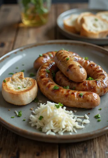 Steiktar pylsur bornar fram með rifinni piparrót og steinselju