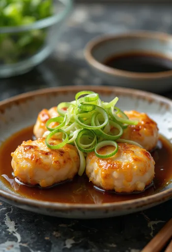 Tsukune með tófú borið fram, japanskar bollur með vorlauk og steiktum lauk.
