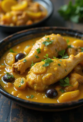Kjúklingur í Tagine með söltuðum sítrónum borinn fram í hefðbundinni tagine