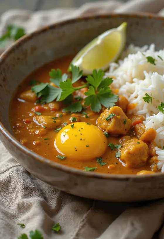 Vegan eggaldinkarrí með hrísgrjónum borið fram, stráð með ferskum kóríander
