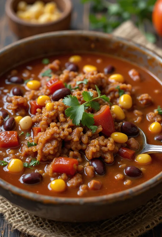 Chili con carne borið fram með hrísgrjónum og tortillu flögum
