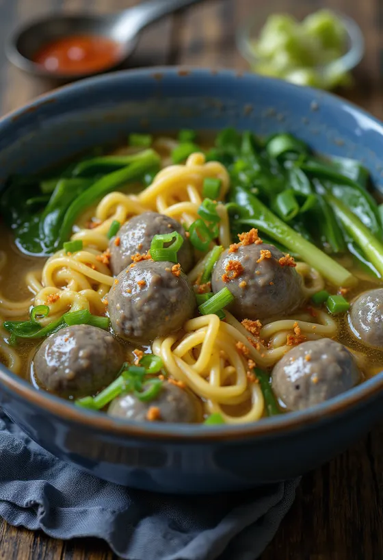 Bakso, indónesísk kjötbollusúpa borin fram