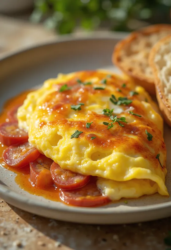 Chorizo eggjakaka á diski