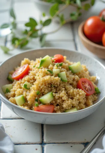 Kínóa-salat með tahini-dressingu borið fram