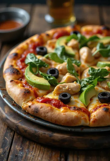 California Pizza með ferskri lárperu, kjúklingabringu og spínati