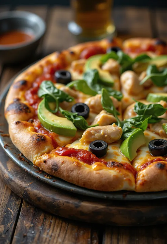 California Pizza með ferskri lárperu, kjúklingabringu og spínati