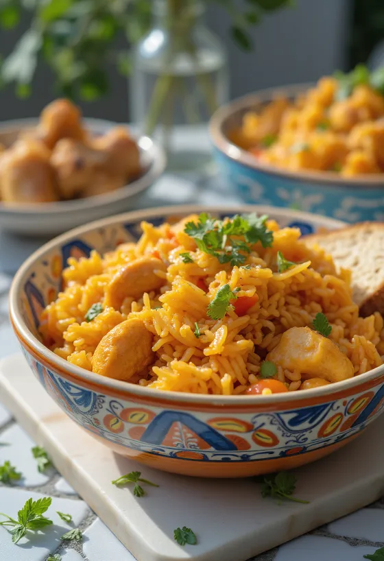 Jollof hrísgrjón borin fram með kjúklingi