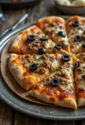 Líbískur stíll pizza með krydduðu kjöti og ólífum