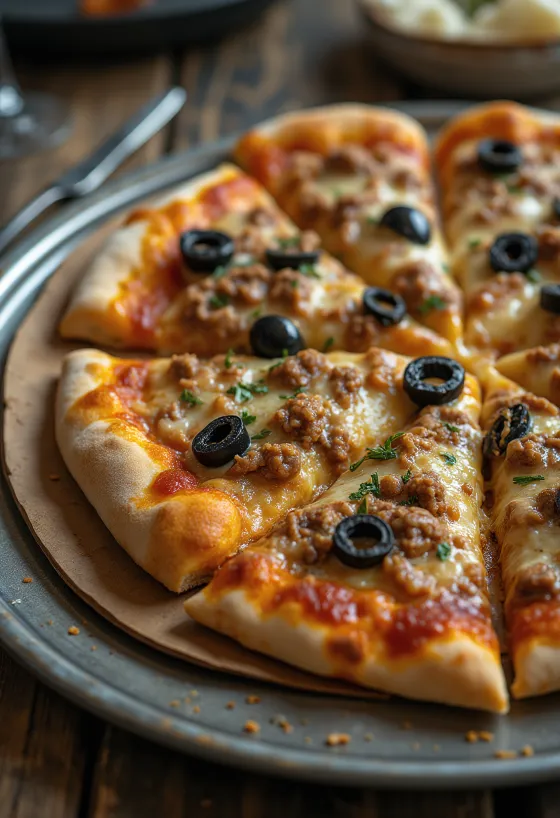Líbískur stíll pizza með krydduðu kjöti og ólífum