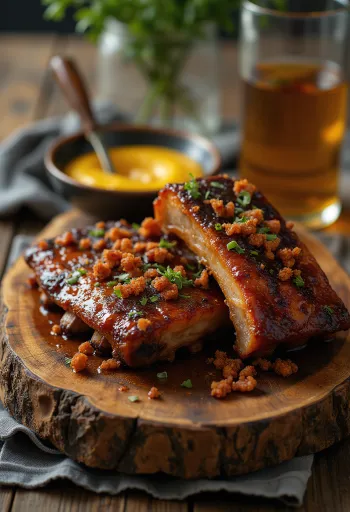 Kryddlegin svínarif borin fram með kartöflum og salati