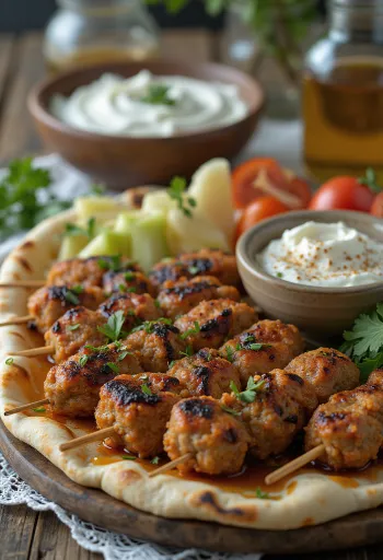 Kafta borið fram með fersku pítubrauði og salati