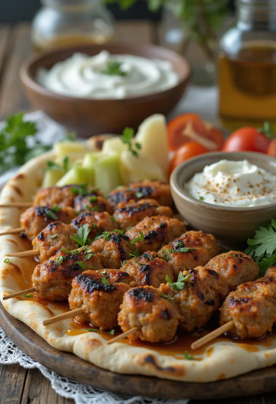 Kafta borið fram með fersku pítubrauði og salati