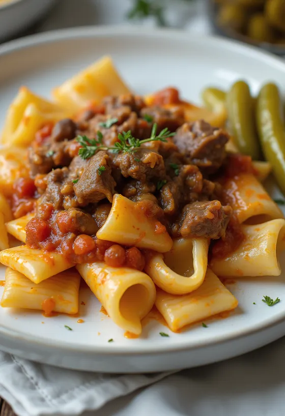 Gúllas með pasta og súrum gúrkum borið fram