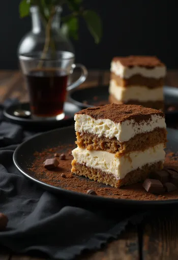 Tiramisu-mússterta borin fram á glæsilegan hátt