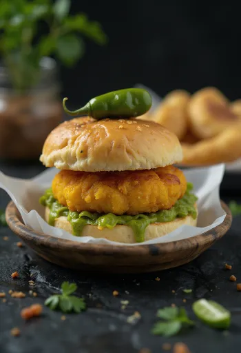 Vada Pav með kjötfyllingu borið fram á diski