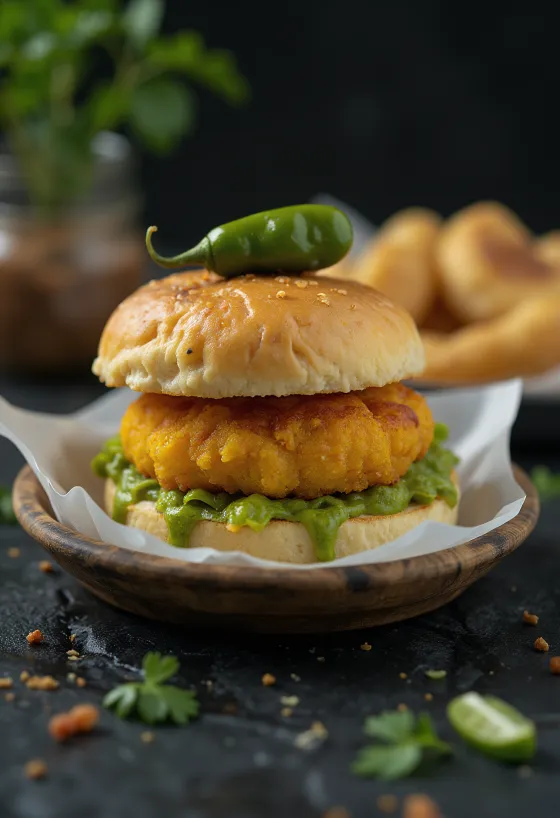 Vada Pav með kjötfyllingu borið fram á diski