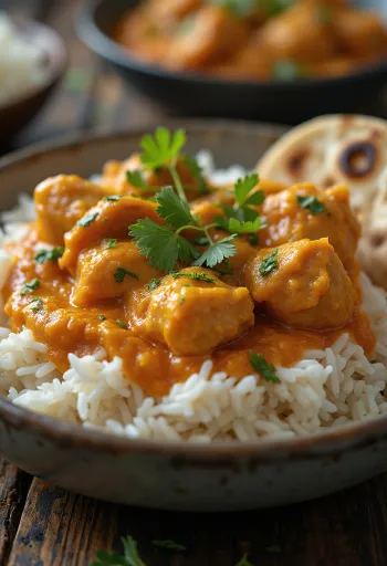 Kjúklinga tikka masala borið fram með basmati hrísgrjónum