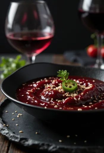 Jalapeño sesam-rauðvínssósa borin fram