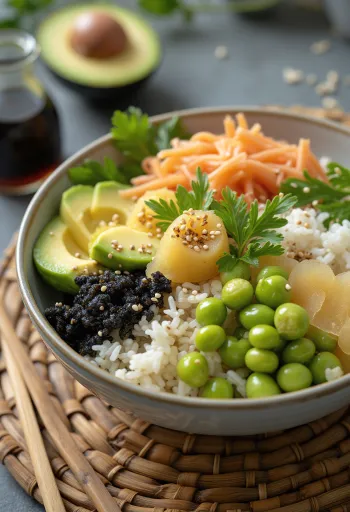 Vegönsk sushi-skál með grænmeti og sesamfræjum