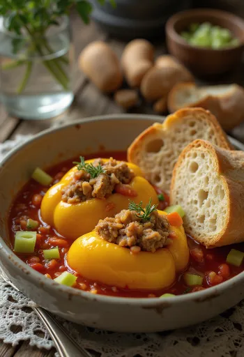 Fyllt paprika í tómatsósu, fyllt með hrísgrjónum og hakki