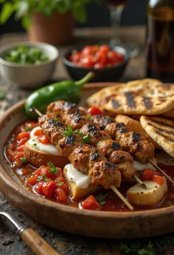 Yoğurtlu Kebab með grilluðum kjötspjótum, tómatsósu og jógúrt