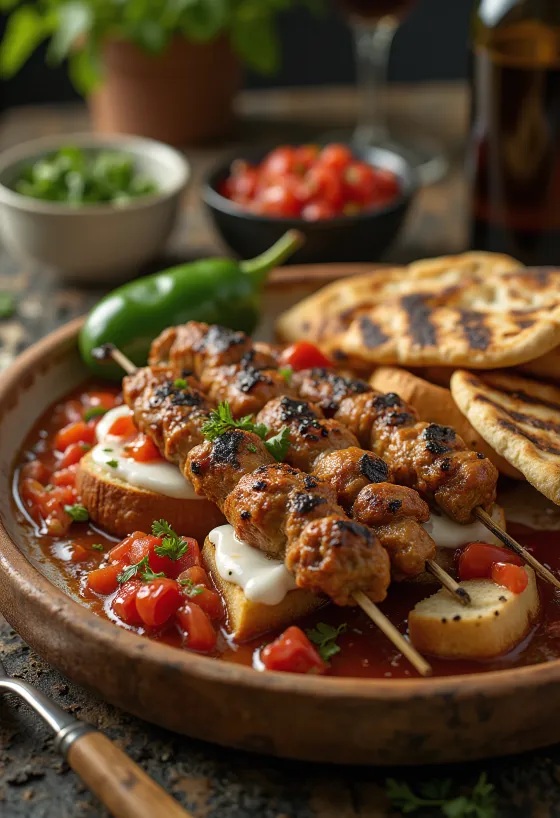 Yoğurtlu Kebab með grilluðum kjötspjótum, tómatsósu og jógúrt