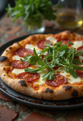 Diavola pizza með klettasalati og sterkri salamí