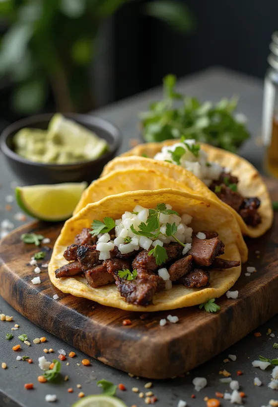 Carne asada taco borið fram með límónu og kóríander