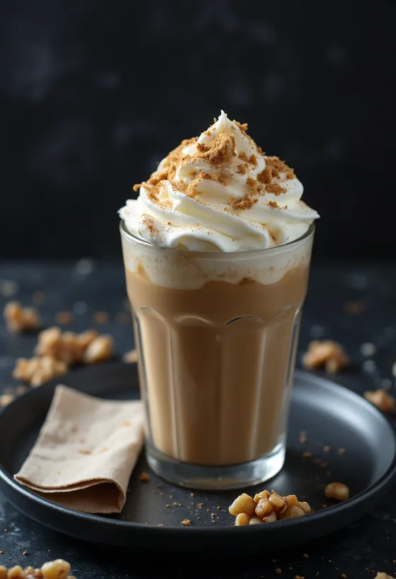 Kanil- og valhnetufrappuccino skreytt með þeyttum rjóma og möldum hnetum