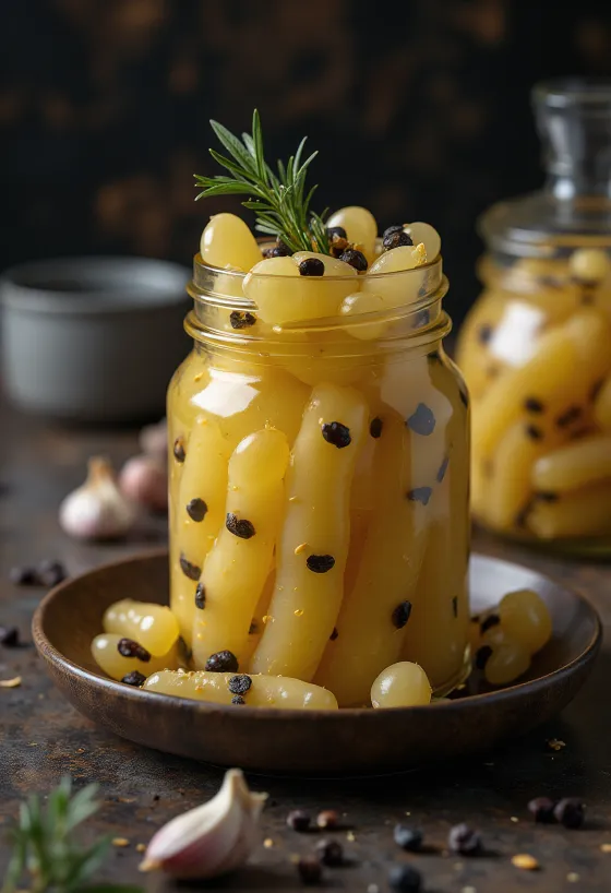 Súrsæt súrsuð vínberjalauf í krukku