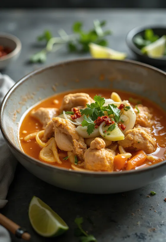 Tælenskur kókossmjólkur kjúklingur borinn fram með hrísgrjónum og kóríander