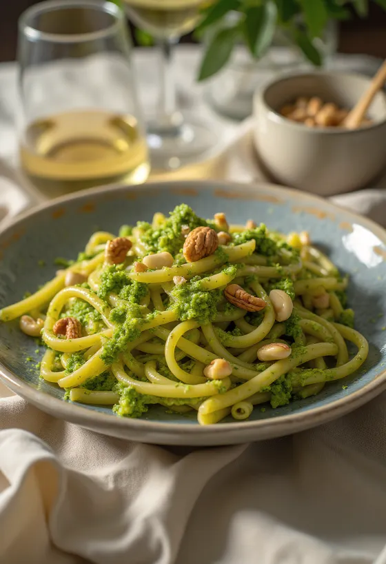 Veganskt pasta með pestó sósu, borið fram með ferskri basilíku og ristuðum furuhnetum.