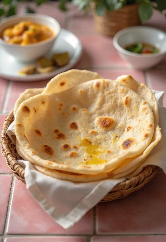 Nýbakað indverskt chapati flatbrauð borið fram