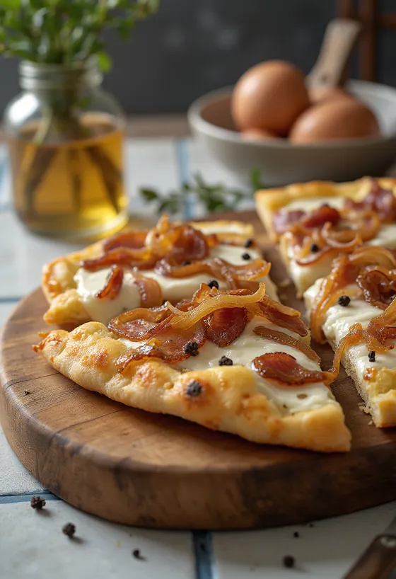 Flammkuchen með sýrðum rjóma, lauk og beikoni