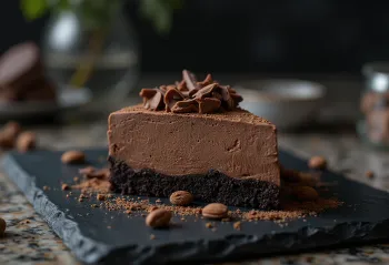 Vegan súkkulaðimússterta skreytt með kakódufti og ávöxtum