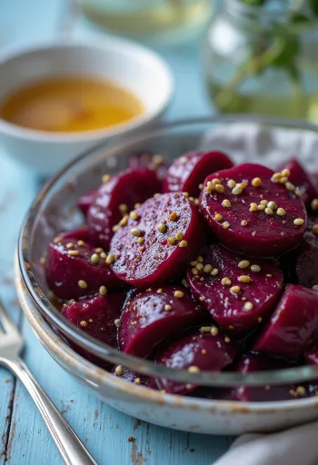 rauðrófusalat borið fram með fersku grænmeti og balsamik dressingu