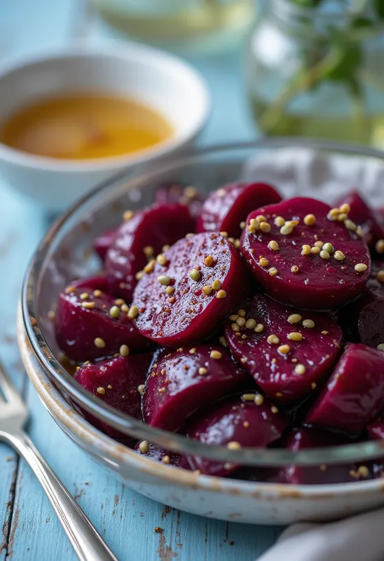 rauðrófusalat borið fram með fersku grænmeti og balsamik dressingu