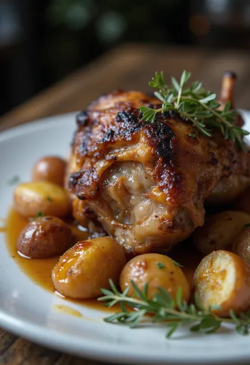 Andar-confit borið fram með kartöflumús og grænmeti